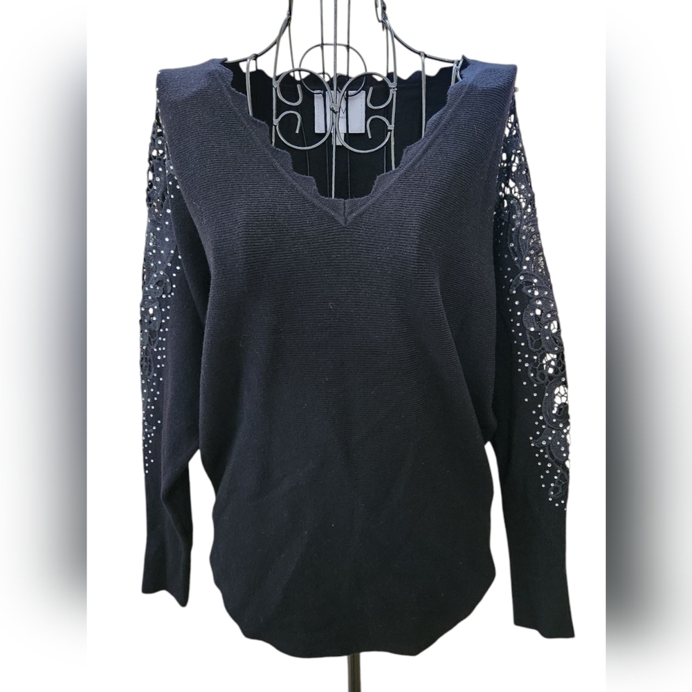 Black V-Neck Sweater with Lace Sequin Sleeves